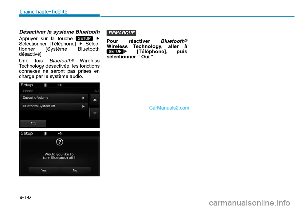 Hyundai Sonata 2015  Manuel du propriétaire (in French) 4-182
Chaîne haute-fidélité
Désactiver le système Bluetooth
Appuyer sur la touche 
Sélectionner [Téléphone]  Sélec-
tionner [Système Bluetooth
désactivé]
Une fois 
Bluetooth®Wireless
Tech