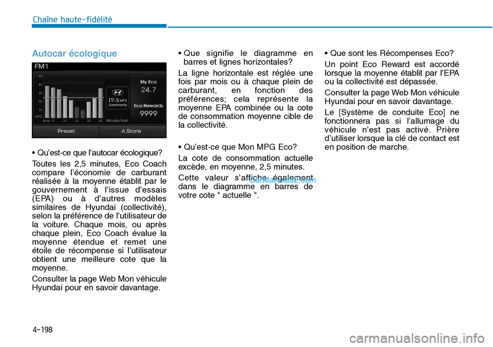 Hyundai Sonata 2015 Manuel du propriétaire (in French) 4-198
Chaîne haute-fidélité
Autocar écologique
• Qu’est-ce que l’autocar écologique?
Toutes les 2,5 minutes, Eco Coach
compare l’économie de carburant
réalisée à la moyenne établit p Hyundai Sonata 2015 Manuel du propriétaire (in French) 4-198
Chaîne haute-fidélité
Autocar écologique
• Qu’est-ce que l’autocar écologique?
Toutes les 2,5 minutes, Eco Coach
compare l’économie de carburant
réalisée à la moyenne établit p