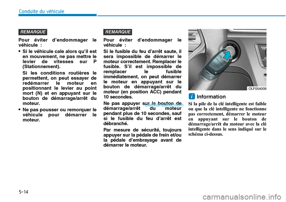Hyundai Sonata 2015 Manuel du propriétaire (in French) 5-14
Conduite du véhicule
Pour éviter d’endommager le
véhicule :
•Si le véhicule cale alors qu’il est
en mouvement, ne pas mettre le
levier de vitesses sur P
(Stationnement).
Si les conditio Hyundai Sonata 2015 Manuel du propriétaire (in French) 5-14
Conduite du véhicule
Pour éviter d’endommager le
véhicule :
•Si le véhicule cale alors qu’il est
en mouvement, ne pas mettre le
levier de vitesses sur P
(Stationnement).
Si les conditio