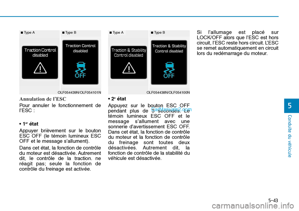 Hyundai Sonata 2015  Manuel du propriétaire (in French) 5-43
Conduite du véhicule
5
Annulation de l’ESC
Pour annuler le fonctionnement de
l’ESC :
• 1
erétat
Appuyer brièvement sur le bouton
ESC OFF (le témoin lumineux ESC
OFF et le message s’al