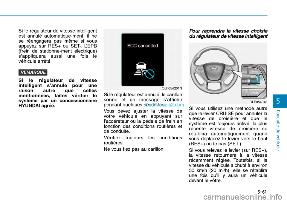 Hyundai Sonata 2015 Manuel du propriétaire (in French) 5-61
Conduite du véhicule
5
Si le régulateur de vitesse intelligent
est annulé automatique-ment, il ne
se réengager
a pas même si vous
appuyez sur RES+ ou SET-. L’EPB
(frein de stationne-ment Hyundai Sonata 2015 Manuel du propriétaire (in French) 5-61
Conduite du véhicule
5
Si le régulateur de vitesse intelligent
est annulé automatique-ment, il ne
se réengager
a pas même si vous
appuyez sur RES+ ou SET-. L’EPB
(frein de stationne-ment