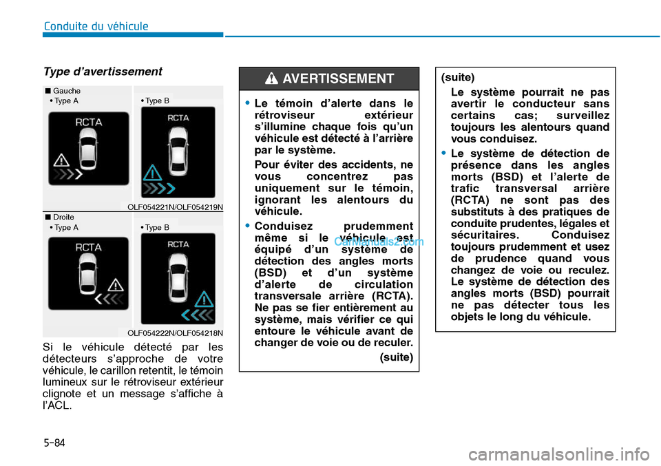 Hyundai Sonata 2015 Manuel du propriétaire (in French) 5-84
Conduite du véhicule
Type d’avertissement
Si le véhicule détecté par les
détecteurs s’approche de votre
véhicule, le carillon retentit, le témoin
lumineux sur le rétroviseur extérieu Hyundai Sonata 2015 Manuel du propriétaire (in French) 5-84
Conduite du véhicule
Type d’avertissement
Si le véhicule détecté par les
détecteurs s’approche de votre
véhicule, le carillon retentit, le témoin
lumineux sur le rétroviseur extérieu