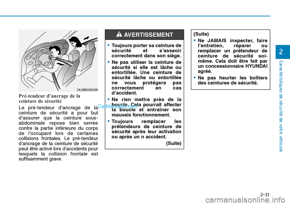 Hyundai Sonata 2015 Manuel du propriétaire (in French) 2-31
Caractéristiques de sécurité de votre véhicule
2
Pré-tendeur d’ancrage de la
ceinture de sécurité
Le pré-tendeur d’ancrage de la
ceinture de sécurité a pour but
d’assurer que la c Hyundai Sonata 2015 Manuel du propriétaire (in French) 2-31
Caractéristiques de sécurité de votre véhicule
2
Pré-tendeur d’ancrage de la
ceinture de sécurité
Le pré-tendeur d’ancrage de la
ceinture de sécurité a pour but
d’assurer que la c