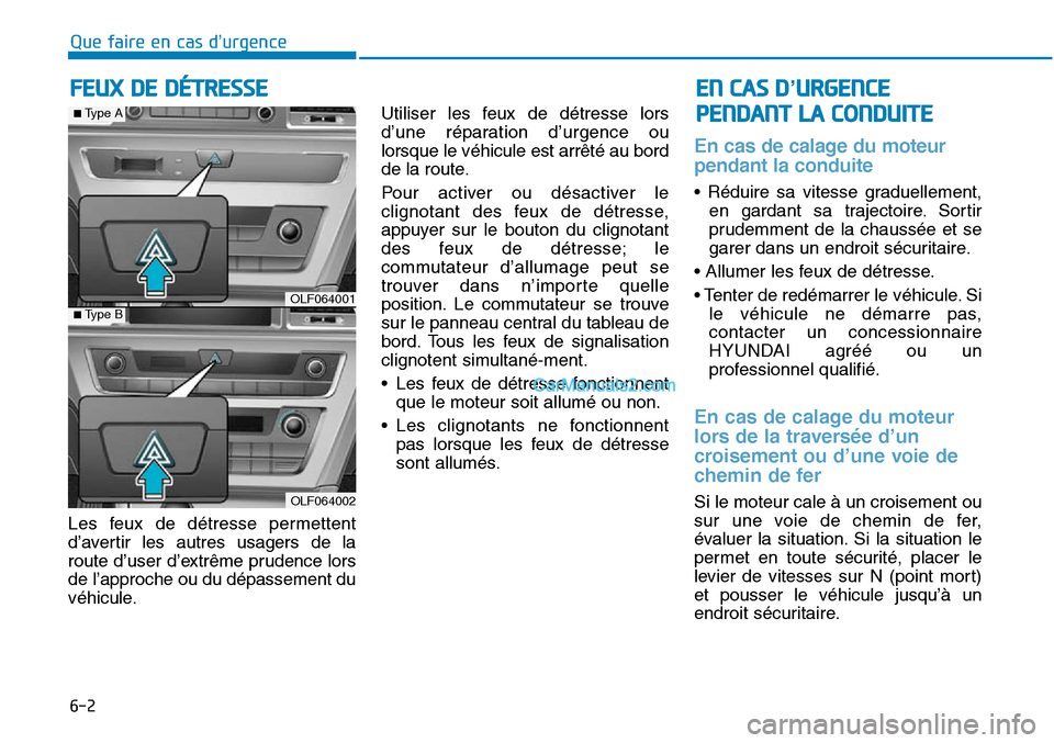 Hyundai Sonata 2015 Manuel du propriétaire (in French) 6-2
Les feux de détresse permettent
d’avertir les autres usagers de la
route d’user d’extrême prudence lors
de l’approche ou du dépassement du
véhicule.Utiliser les feux de détresse lors
Hyundai Sonata 2015 Manuel du propriétaire (in French) 6-2
Les feux de détresse permettent
d’avertir les autres usagers de la
route d’user d’extrême prudence lors
de l’approche ou du dépassement du
véhicule.Utiliser les feux de détresse lors