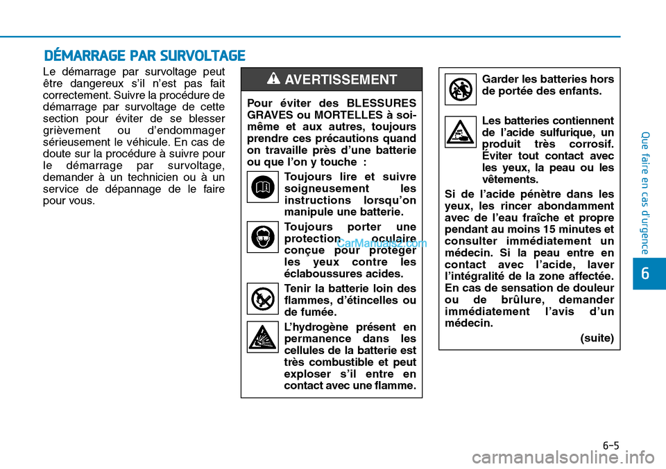Hyundai Sonata 2015 Manuel du propriétaire (in French) 6-5
Que faire en cas d’urgence
6
Le démarrage par survoltage peut
être dangereux s’il n’est pas fait
correctement. Suivre la procédure de
démarrage par survoltage de cette
section pour évit Hyundai Sonata 2015 Manuel du propriétaire (in French) 6-5
Que faire en cas d’urgence
6
Le démarrage par survoltage peut
être dangereux s’il n’est pas fait
correctement. Suivre la procédure de
démarrage par survoltage de cette
section pour évit