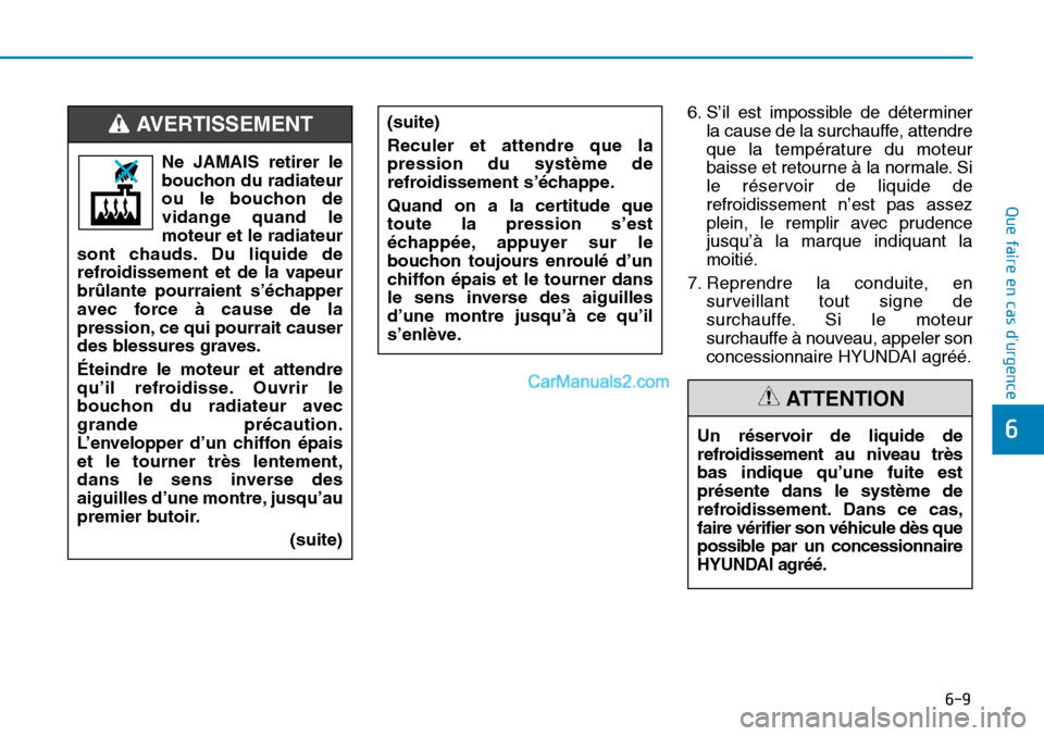 Hyundai Sonata 2015 Manuel du propriétaire (in French) 6-9
Que faire en cas d’urgence
6
6. S’il est impossible de déterminerla cause de la surchauffe, attendre
que la température du moteur
baisse et retourne à la normale. Si
le réservoir de liquid Hyundai Sonata 2015 Manuel du propriétaire (in French) 6-9
Que faire en cas d’urgence
6
6. S’il est impossible de déterminerla cause de la surchauffe, attendre
que la température du moteur
baisse et retourne à la normale. Si
le réservoir de liquid