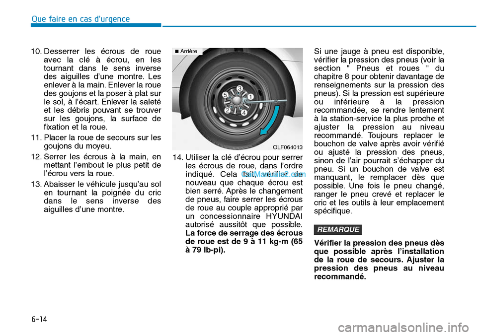 Hyundai Sonata 2015 Manuel du propriétaire (in French) 6-14
Que faire en cas d’urgence
10. Desserrer les écrous de roue avec la clé à écrou, en les
tournant dans le sens inverse
des aiguilles d’une montre. Les
enlever à la main. Enlever la roue
d Hyundai Sonata 2015 Manuel du propriétaire (in French) 6-14
Que faire en cas d’urgence
10. Desserrer les écrous de roue avec la clé à écrou, en les
tournant dans le sens inverse
des aiguilles d’une montre. Les
enlever à la main. Enlever la roue
d