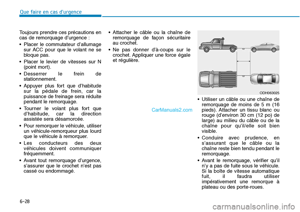 Hyundai Sonata 2015 Manuel du propriétaire (in French) 6-28
Que faire en cas d’urgence
ODH063025
Toujours prendre ces précautions en
cas de remorquage d’urgence :
• Placer le commutateur d’allumagesur ACC pour que le volant ne se
bloque pas.
• Hyundai Sonata 2015 Manuel du propriétaire (in French) 6-28
Que faire en cas d’urgence
ODH063025
Toujours prendre ces précautions en
cas de remorquage d’urgence :
• Placer le commutateur d’allumagesur ACC pour que le volant ne se
bloque pas.
•