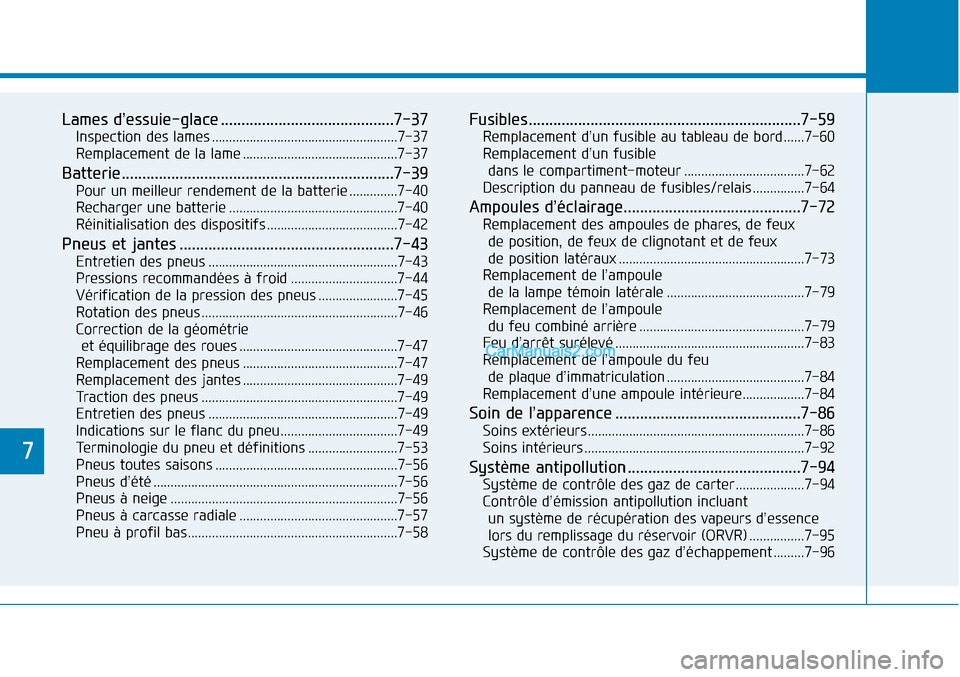 Hyundai Sonata 2015 Manuel du propriétaire (in French) 7
Lames d’essuie-glace ..........................................7-37
Inspection des lames ......................................................7-37
Remplacement de la lame ........................ Hyundai Sonata 2015 Manuel du propriétaire (in French) 7
Lames d’essuie-glace ..........................................7-37
Inspection des lames ......................................................7-37
Remplacement de la lame ........................