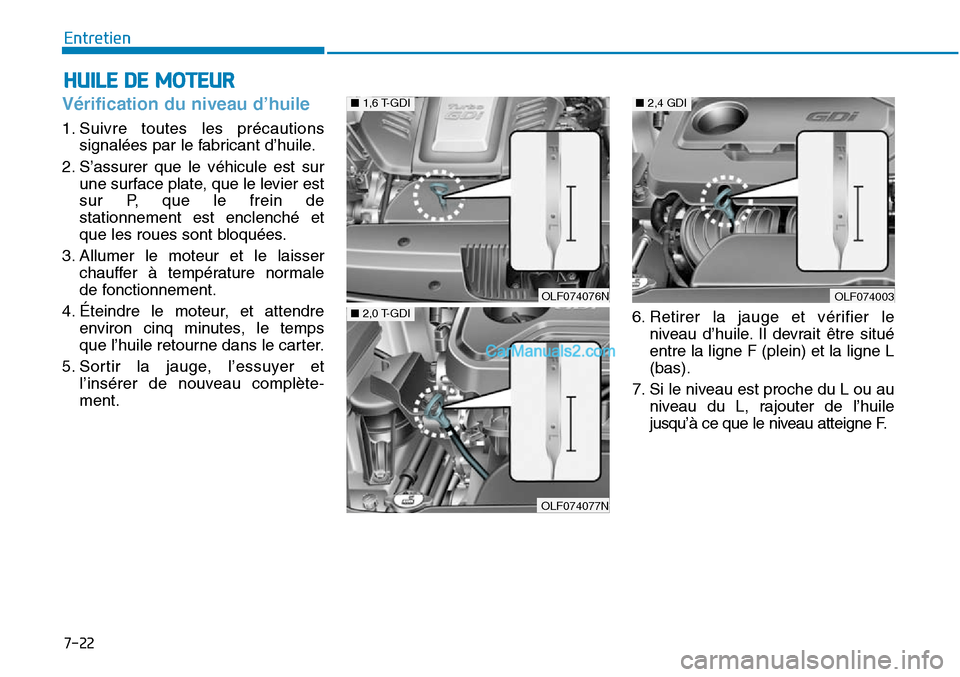 Hyundai Sonata 2015  Manuel du propriétaire (in French) 7-22
Entretien
HUILE DE MOTEUR
Vérification du niveau d’huile
1. Suivre toutes les précautionssignalées par le fabricant d’huile.
2. S’assurer que le véhicule est sur une surface plate, que 