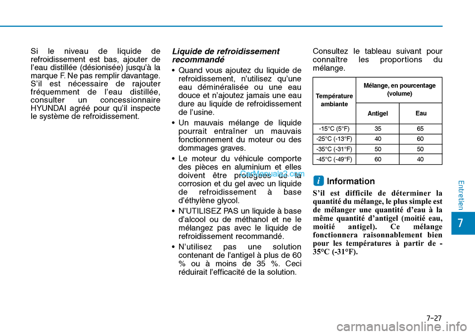 Hyundai Sonata 2015 Manuel du propriétaire (in French) 7-27
7
Entretien
Si le niveau de liquide de
refroidissement est bas, ajouter de
l’eau distillée (désionisée) jusqu’à la
marque F. Ne pas remplir davantage.
S’il est nécessaire de rajouter
f Hyundai Sonata 2015 Manuel du propriétaire (in French) 7-27
7
Entretien
Si le niveau de liquide de
refroidissement est bas, ajouter de
l’eau distillée (désionisée) jusqu’à la
marque F. Ne pas remplir davantage.
S’il est nécessaire de rajouter
f
