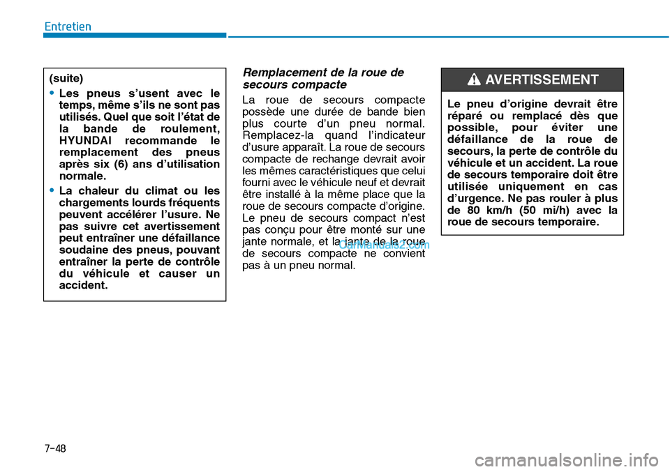 Hyundai Sonata 2015 Manuel du propriétaire (in French) 7-48
Entretien
Remplacement de la roue desecours compacte
La roue de secours compacte
possède une durée de bande bien
plus courte d’un pneu normal.
Remplacez-la quand l’indicateur
d’usure appa Hyundai Sonata 2015 Manuel du propriétaire (in French) 7-48
Entretien
Remplacement de la roue desecours compacte
La roue de secours compacte
possède une durée de bande bien
plus courte d’un pneu normal.
Remplacez-la quand l’indicateur
d’usure appa