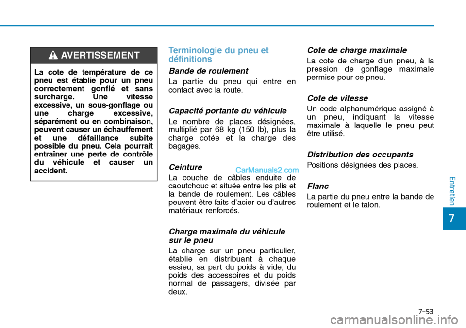 Hyundai Sonata 2015 Manuel du propriétaire (in French) 7-53
7
Entretien
Terminologie du pneu et
définitions
Bande de roulement
La partie du pneu qui entre en
contact avec la route.
Capacité portante du véhicule
Le nombre de places désignées,
multipli Hyundai Sonata 2015 Manuel du propriétaire (in French) 7-53
7
Entretien
Terminologie du pneu et
définitions
Bande de roulement
La partie du pneu qui entre en
contact avec la route.
Capacité portante du véhicule
Le nombre de places désignées,
multipli