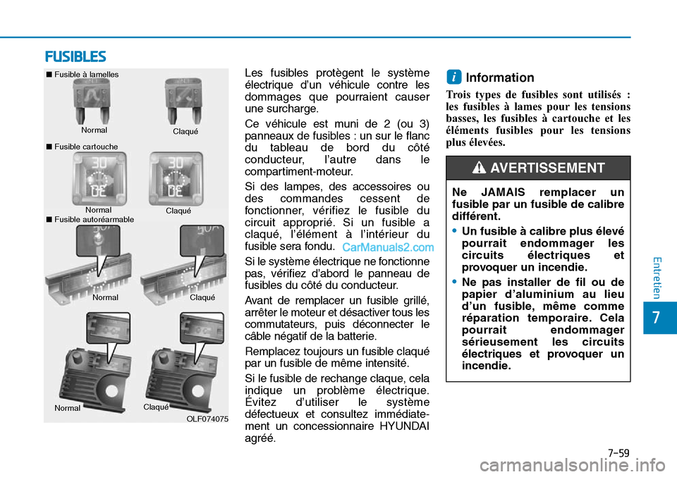 Hyundai Sonata 2015 Manuel du propriétaire (in French) 7-59
7
Entretien
FUSIBLES
Les fusibles protègent le système
électrique d’un véhicule contre les
dommages que pourraient causer
une surcharge.
Ce véhicule est muni de 2 (ou 3)
panneaux de fusibl Hyundai Sonata 2015 Manuel du propriétaire (in French) 7-59
7
Entretien
FUSIBLES
Les fusibles protègent le système
électrique d’un véhicule contre les
dommages que pourraient causer
une surcharge.
Ce véhicule est muni de 2 (ou 3)
panneaux de fusibl