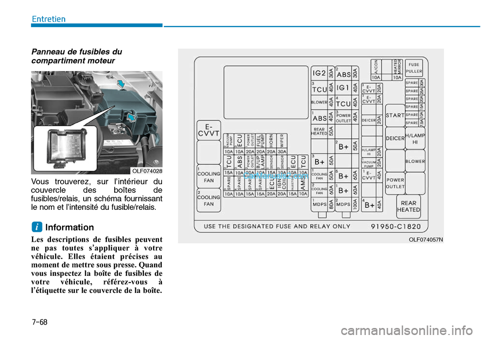 Hyundai Sonata 2015  Manuel du propriétaire (in French) 7-68
Entretien
Panneau de fusibles ducompartiment moteur
Vous trouverez, sur l’intérieur du
couvercle des boîtes de
fusibles/relais, un schéma fournissant
le nom et l’intensité du fusible/rela