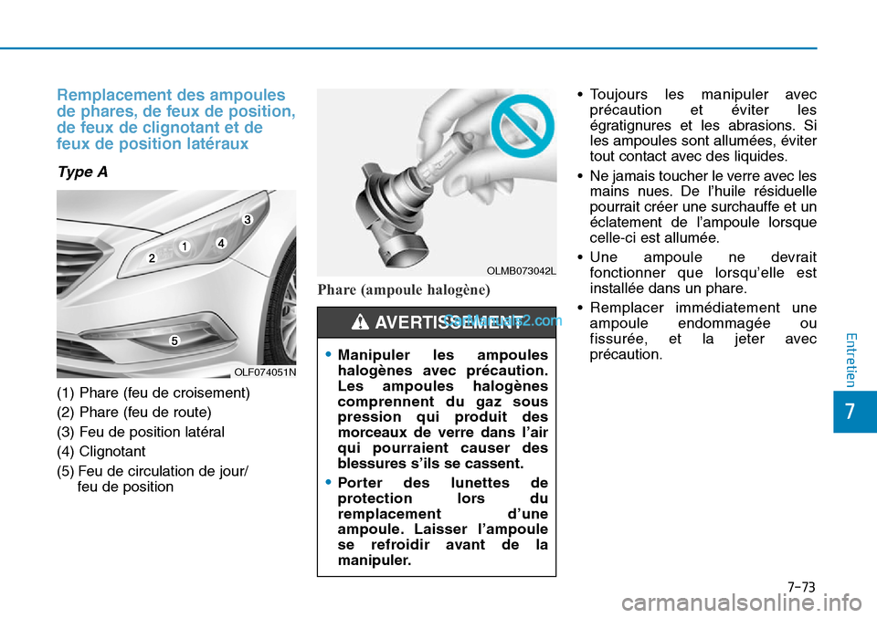 Hyundai Sonata 2015 Manuel du propriétaire (in French) 7-73
7
Entretien
Remplacement des ampoules
de phares, de feux de position,
de feux de clignotant et de
feux de position latéraux
Ty p e A
(1) Phare (feu de croisement)
(2) Phare (feu de route)
(3) F Hyundai Sonata 2015 Manuel du propriétaire (in French) 7-73
7
Entretien
Remplacement des ampoules
de phares, de feux de position,
de feux de clignotant et de
feux de position latéraux
Ty p e A
(1) Phare (feu de croisement)
(2) Phare (feu de route)
(3) F