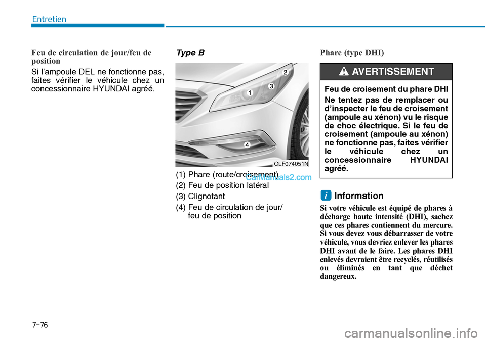 Hyundai Sonata 2015  Manuel du propriétaire (in French) 7-76
Entretien
Feu de circulation de jour/feu de
position 
Si l’ampoule DEL ne fonctionne pas,
faites vérifier le véhicule chez un
concessionnaire HYUNDAI agréé.
Ty p e  B
(1) Phare (route/crois