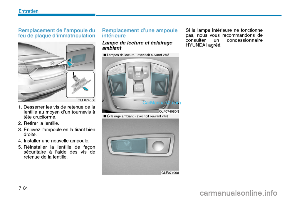 Hyundai Sonata 2015  Manuel du propriétaire (in French) 7-84
Entretien
Remplacement de l’ampoule du
feu de plaque d’immatriculation
1. Desserrer les vis de retenue de lalentille au moyen d’un tournevis à
tête cruciforme.
2. Retirer la lentille.
3. 