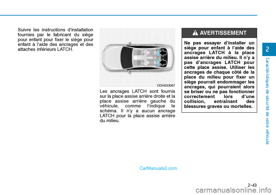 Hyundai Sonata 2015  Manuel du propriétaire (in French) 2-43
Caractéristiques de sécurité de votre véhicule
2
Suivre les instructions d’installation
fournies par le fabricant du siège
pour enfant pour fixer le siège pour
enfant à l’aide des ancr