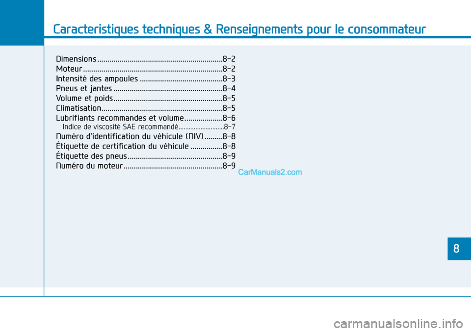Hyundai Sonata 2015  Manuel du propriétaire (in French) Caracteristiques techniques & Renseignements pour le consommateur
8
Dimensions ..............................................................8-2
Moteur ................................................