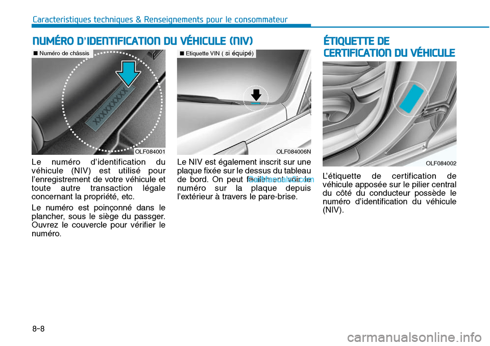 Hyundai Sonata 2015  Manuel du propriétaire (in French) Caracteristiques techniques & Renseignements pour le consommateur
8-8
ÉTIQUETTE DE 
CERTIFICATION DU VÉHICULE
Le numéro d’identification du
véhicule (NIV) est utilisé pour
l’enregistrement de