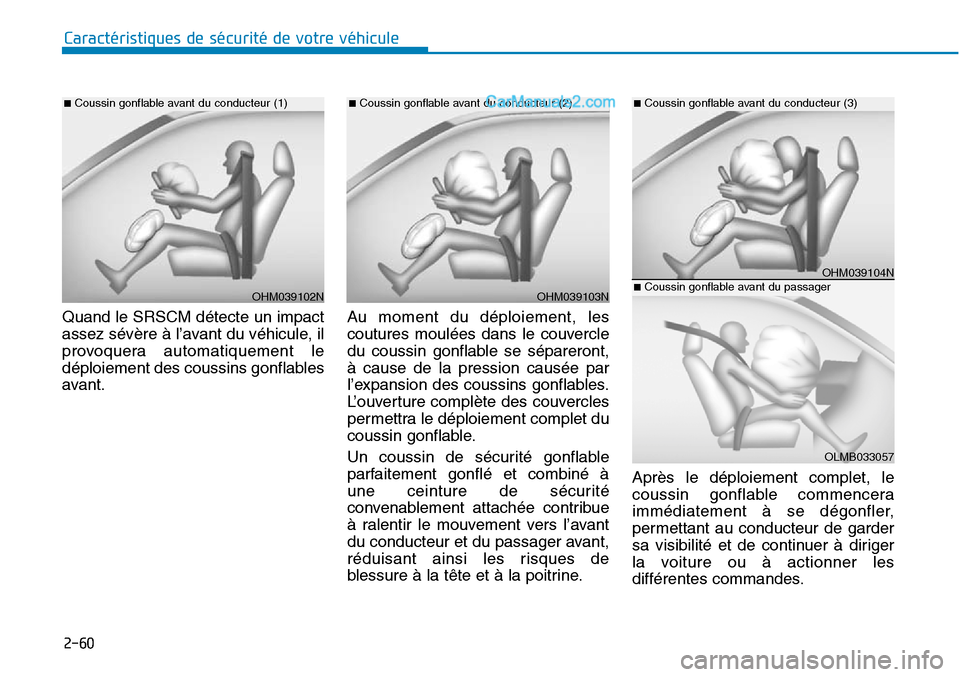 Hyundai Sonata 2015 Manuel du propriétaire (in French) 2-60
Caractéristiques de sécurité de votre véhicule
OHM039103N
OHM039104N
■Coussin gonflable avant du conducteur (3)
OLMB033057
■Coussin gonflable avant du passagerOHM039102N
■Coussin gonfla Hyundai Sonata 2015 Manuel du propriétaire (in French) 2-60
Caractéristiques de sécurité de votre véhicule
OHM039103N
OHM039104N
■Coussin gonflable avant du conducteur (3)
OLMB033057
■Coussin gonflable avant du passagerOHM039102N
■Coussin gonfla