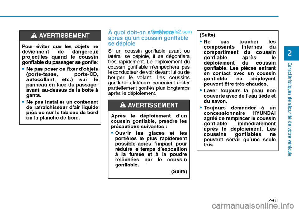 Hyundai Sonata 2015 Manuel du propriétaire (in French) 2-61
Caractéristiques de sécurité de votre véhicule
2
À quoi doit-on s’attendre
après qu’un coussin gonflable
se déploie
Si un coussin gonflable avant ou
latéral se déploie, il se dégonf Hyundai Sonata 2015 Manuel du propriétaire (in French) 2-61
Caractéristiques de sécurité de votre véhicule
2
À quoi doit-on s’attendre
après qu’un coussin gonflable
se déploie
Si un coussin gonflable avant ou
latéral se déploie, il se dégonf