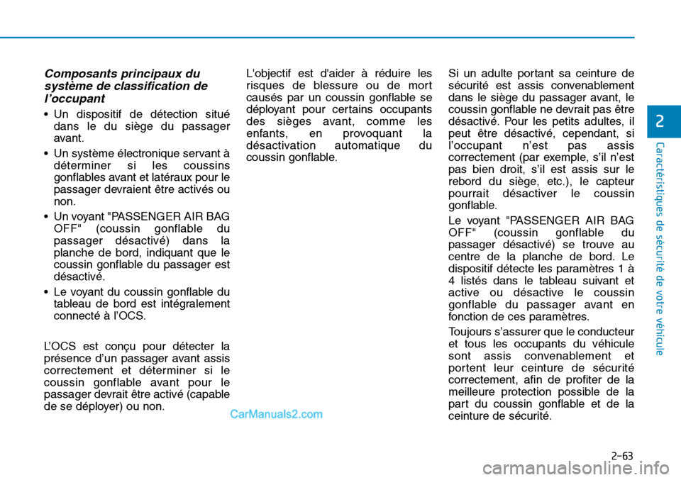 Hyundai Sonata 2015 Manuel du propriétaire (in French) 2-63
Caractéristiques de sécurité de votre véhicule
2
Composants principaux dusystème de classification del’occupant
• Un dispositif de détection situé
dans le du siège du passager
avant. Hyundai Sonata 2015 Manuel du propriétaire (in French) 2-63
Caractéristiques de sécurité de votre véhicule
2
Composants principaux dusystème de classification del’occupant
• Un dispositif de détection situé
dans le du siège du passager
avant.