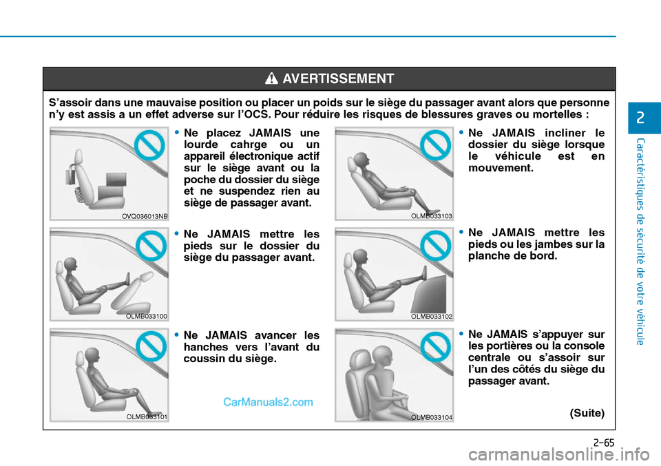 Hyundai Sonata 2015  Manuel du propriétaire (in French) 2-65
Caractéristiques de sécurité de votre véhicule
2
S’assoir dans une mauvaise position ou placer un poids sur le siège du passager avant alors que personne
n’y est assis a un effet adverse
