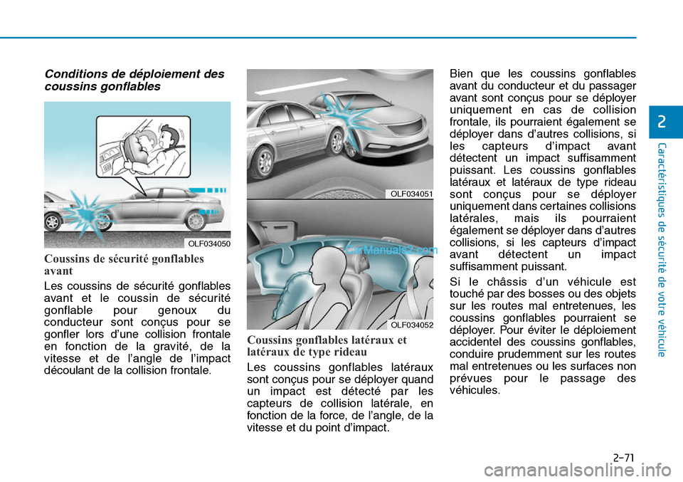 Hyundai Sonata 2015 Manuel du propriétaire (in French) 2-71
Caractéristiques de sécurité de votre véhicule
2
Conditions de déploiement descoussins gonflables
Coussins de sécurité gonflables
avant
Les coussins de sécurité gonflables
avant et le co Hyundai Sonata 2015 Manuel du propriétaire (in French) 2-71
Caractéristiques de sécurité de votre véhicule
2
Conditions de déploiement descoussins gonflables
Coussins de sécurité gonflables
avant
Les coussins de sécurité gonflables
avant et le co