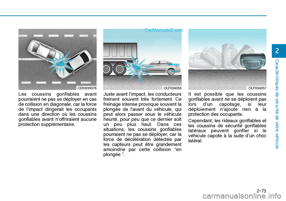Hyundai Sonata 2015 Manuel du propriétaire (in French) 2-73
Caractéristiques de sécurité de votre véhicule
2
OLF034057
Les coussins gonflables avant
pourraient ne pas se déployer en cas
de collision en diagonale, car la force
de l’impact dirigerait Hyundai Sonata 2015 Manuel du propriétaire (in French) 2-73
Caractéristiques de sécurité de votre véhicule
2
OLF034057
Les coussins gonflables avant
pourraient ne pas se déployer en cas
de collision en diagonale, car la force
de l’impact dirigerait