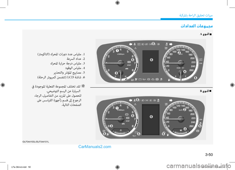 Hyundai Sonata 2015  دليل المالك 3-50
َbبكرلماب َbَfارلا قيقحت تازيم
تادادعلا تاعوممج
)ترموكاتلا( كرحلما تارود ددع سايقم 
.1
 َbعسرلا دادع  
.2
 كرحلم