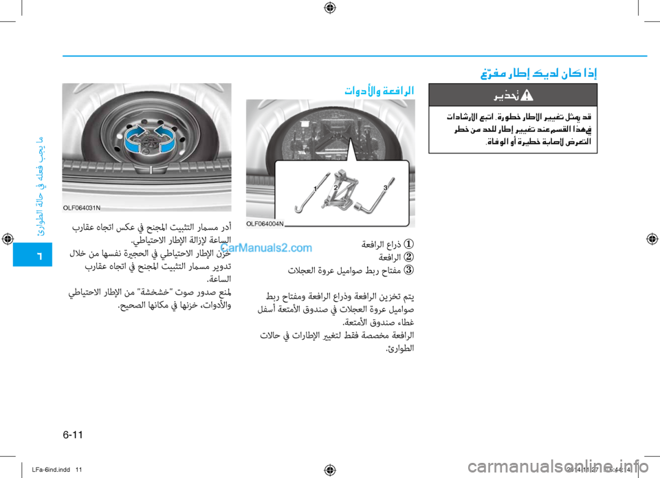 Hyundai Sonata 2015  دليل المالك 6
ئراوطلا ةلا\b في هلعف بجي ام\ف
6-11
غّ
رفم راطإ كيدل ناك اذإ
تاودلأاو ةعفارلا
OLF064004n
ةعفارلا عارذ 

ةعفارلا  
تل