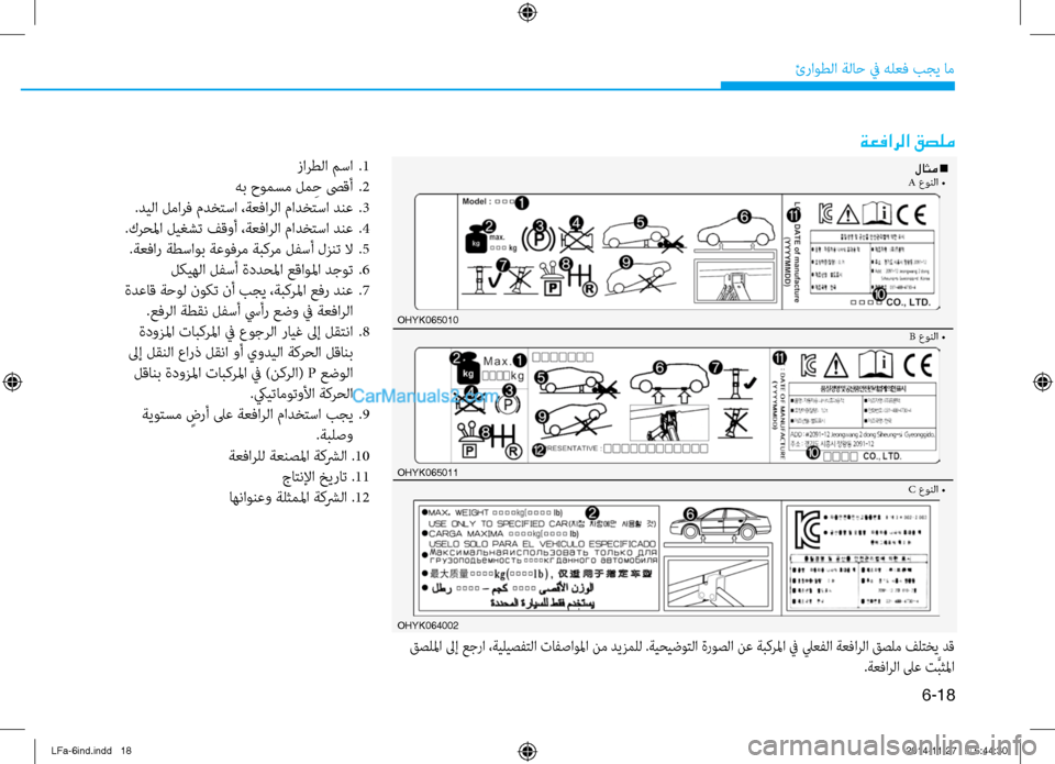 Hyundai Sonata 2015  دليل المالك 6-18
ئراوطلا ةلا\b في هلعف بجي ام\ف
ةعفارلا قصلم
لاثم n A عونلا •
oHYK065010B  عونلا •
C عونلا •
oHYK065011
OHYK064002
 قصللما لىإ ع