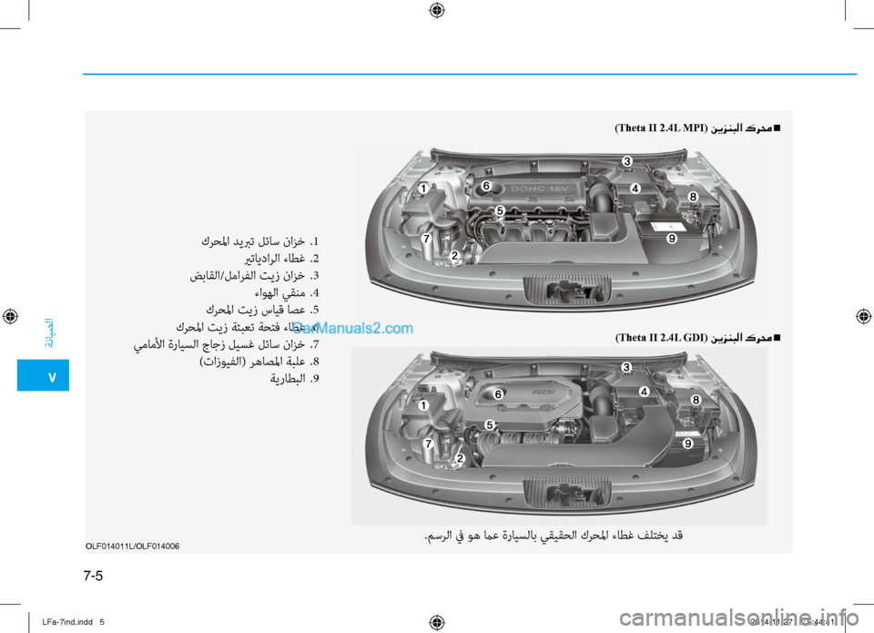 Hyundai Sonata 2015  دليل المالك 7
ةنايصلا
7-5
OLF014011L/OLF014006
)Theta II 2.4L MPI( نيزنبلا كرمح n
)Theta II 2.4L GDI( نيزنبلا كرمح n
كرحلما ديبرت لئاس نازخ 
.1
 يرتايدارل