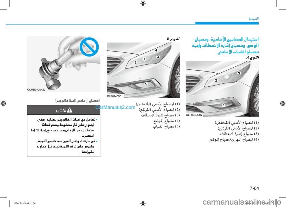 Hyundai Sonata 2015  دليل المالك 7-64
ةنايصلا
ريذتح 
 يهف ،ةيانعب ينجولالها تابلم عم لماعت • ا ًعطق ردصي طوغضم زاغ ىلع يوتتح
 اذإ تاباصإ في ببستي 