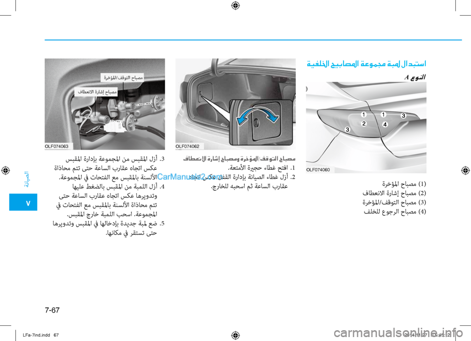 Hyundai Sonata 2015  دليل المالك 7
ةنايصلا
7-67
ةيفللخا حيباصلما ةعوممج ةبلم لادبتسا
OLF074060
OLF074062
OLF074063
فاطعنلاا ةراشإ حابصمو ةرخؤلما/فقوتلا حابصم