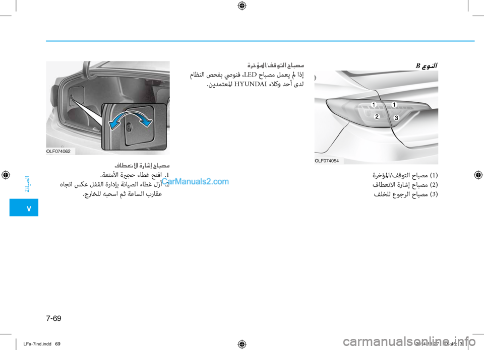 Hyundai Sonata 2015  دليل المالك 7
ةنايصلا
7-69
OLF074054
OLF074062
B عونلا
ةرخؤلما/فقوتلا حابصم )
1(
فاطعنلاا ةراشإ حابصم ) 2(
فلخلل عوجرلا حابصم ) 3(
فاطعنلاا 