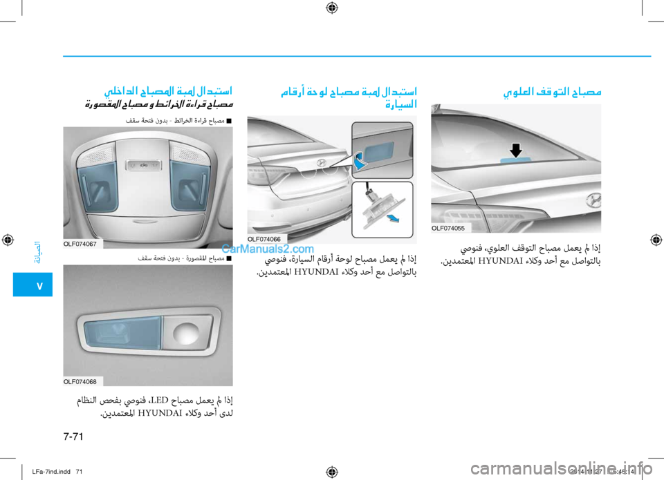 Hyundai Sonata 2015  دليل المالك 7
ةنايصلا
7-71
OLF074067
OLF074068OLF074066
OLF074055
 نيbاظنلا صحفب صيونف ،
LED حابصم لمعي لم اذإ
.نيدمتعلما  HYUNDAI ءلاكو دحأ ىدل  صيون