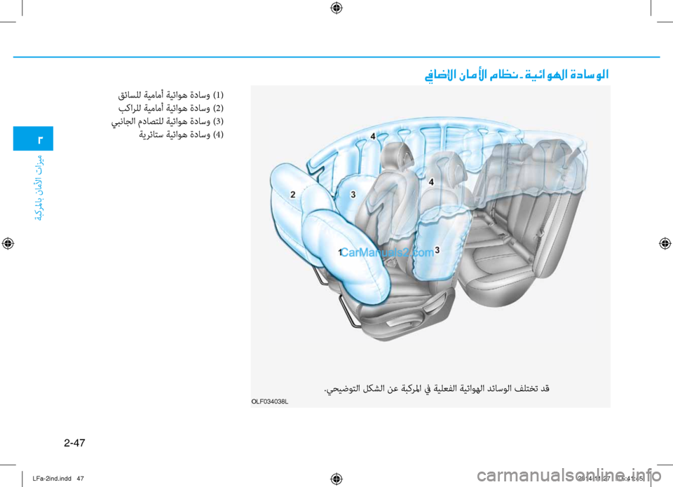 Hyundai Sonata 2015  دليل المالك 2-47
ةبكرلماب ناملأا تازيم
2
olf034038l
 فياضلإا ناملأا ماظن - ةيئاولها ةداسولا
.يٌّfيضوتلا لكشلا نع ةبكرلما ٌّb ةيلعف