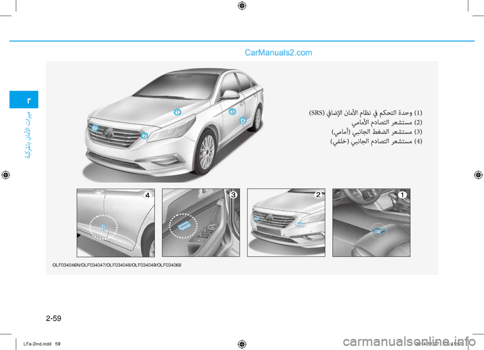 Hyundai Sonata 2015  دليل المالك 2-59
ةبكرلماب ناملأا تازيم
2
olf034046N/olf034047/olf034048/olf034049/olf034068
)SRS( ٌّbاضلإا ناملأا ماظن ٌّb مكٌّfتلا ةدحو ) 1(
يماملأا مدا