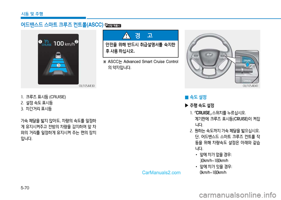 Hyundai Sonata 2015  쏘나타 LF - 사용 설명서 (in Korean) 5-70
시동 및 주B
OLF054430OLF054430
어드밴스드 스&P?@  크루6  컨?@롤 (ASCC) 
좌.  크루6  표/d등  (CRUISE)
속 .  설4