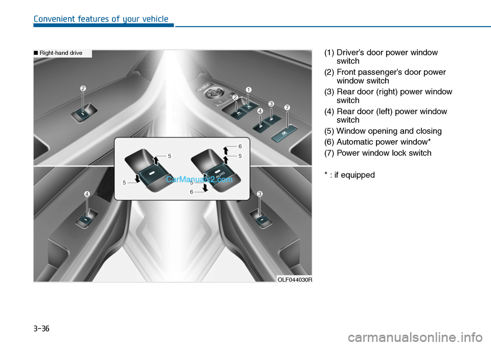 Hyundai Sonata 2014  Owners Manual 3-36
Convenient features of your vehicle
(1) Driver’s door power window
switch
(2) Front passenger’s door power
window switch
(3) Rear door (right) power window
switch
(4) Rear door (left) power w