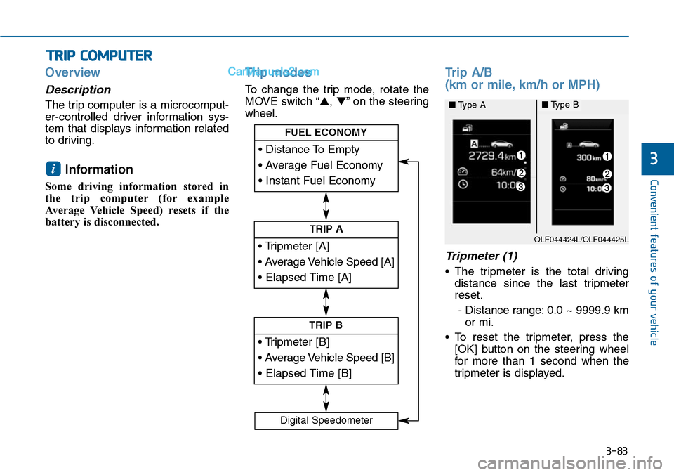 Hyundai Sonata 2014  Owners Manual 3-83
Convenient features of your vehicle
3
Overview
Description
The trip computer is a microcomput-
er-controlled  driver  information  sys-
tem  that  displays  information  related
to driving.
Infor