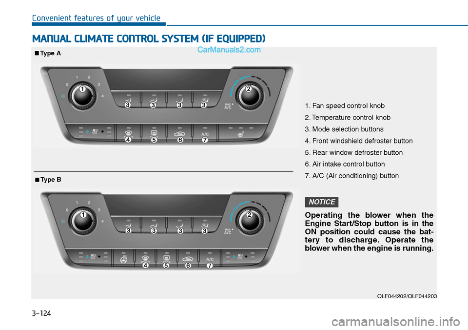 Hyundai Sonata 2014  Owners Manual 3-124
Convenient features of your vehicle
MANUAL CLIMATE CONTROL SYSTEM (IF EQUIPPED)
OLF044202/OLF044203
1. Fan speed control knob
2. Temperature control knob
3. Mode selection buttons
4. Front winds