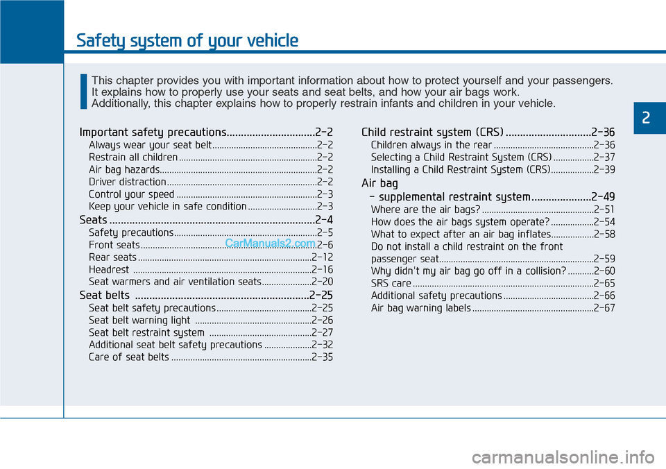Hyundai Sonata 2014  Owners Manual Safety system of your vehicle
2
Important safety precautions...............................2-2
Always wear your seat belt............................................2-2
Restrain all children .........