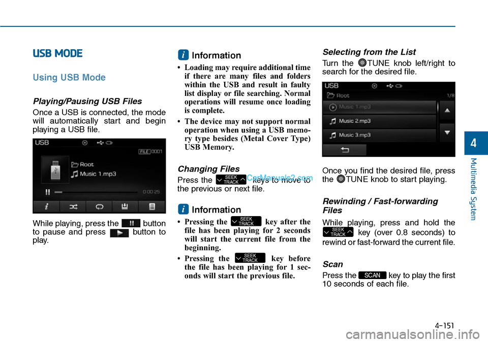 Hyundai Sonata 2014  Owners Manual USB MODE 
Using USB Mode
Playing/Pausing USB Files
Once a USB is connected, the mode
will  automatically  start  and  begin
playing a USB file.
While playing, press the button
to  pause  and  press bu