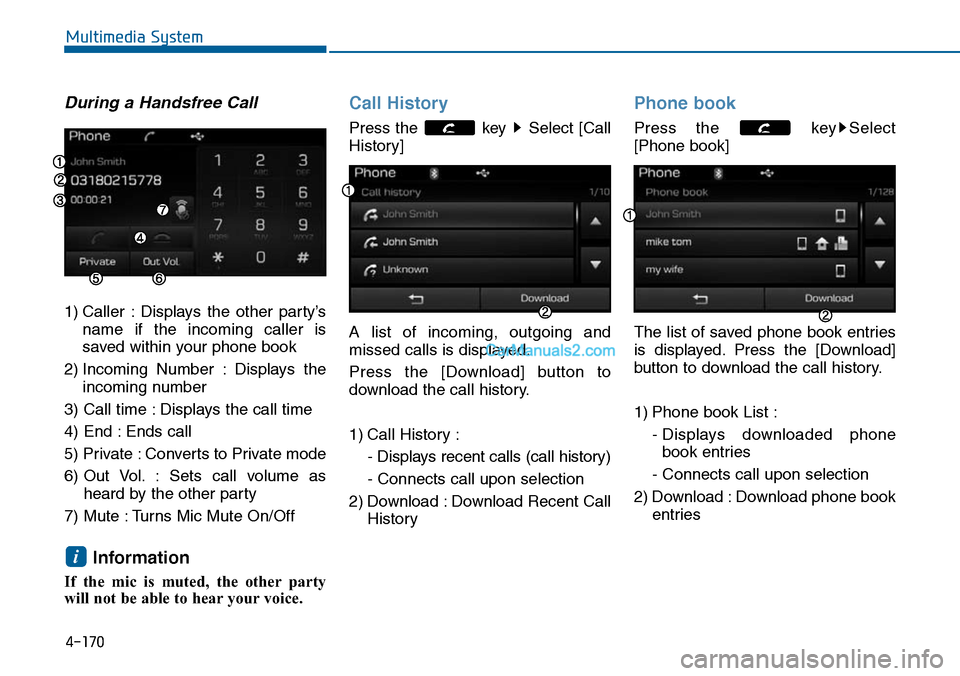 Hyundai Sonata 2014  Owners Manual 4-170
Multimedia System
During a Handsfree Call
1) Caller  : Displays  the  other  party’s
name  if  the  incoming  caller  is
saved within your phone book
2) Incoming  Number  : Displays  the
incom