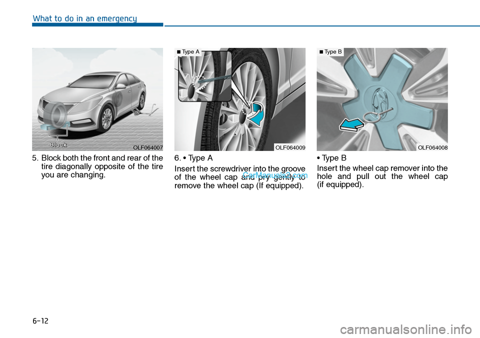 Hyundai Sonata 2014  Owners Manual 6-12
What to do in an emergency
5. Block both the front and rear of the
tire  diagonally  opposite  of  the  tire
you are changing.
6. • Type A
Insert the screwdriver into the groove
of  the  wheel 