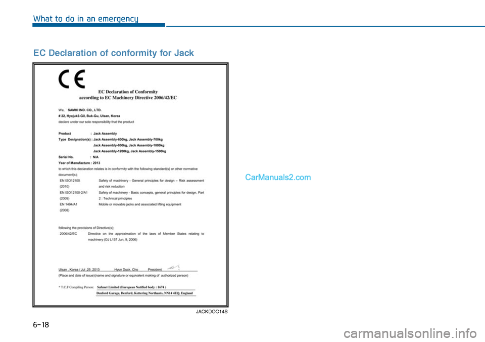 Hyundai Sonata 2014  Owners Manual 6-18
What to do in an emergency
JACKDOC14S
EC Declaration of conformity for Jack  
